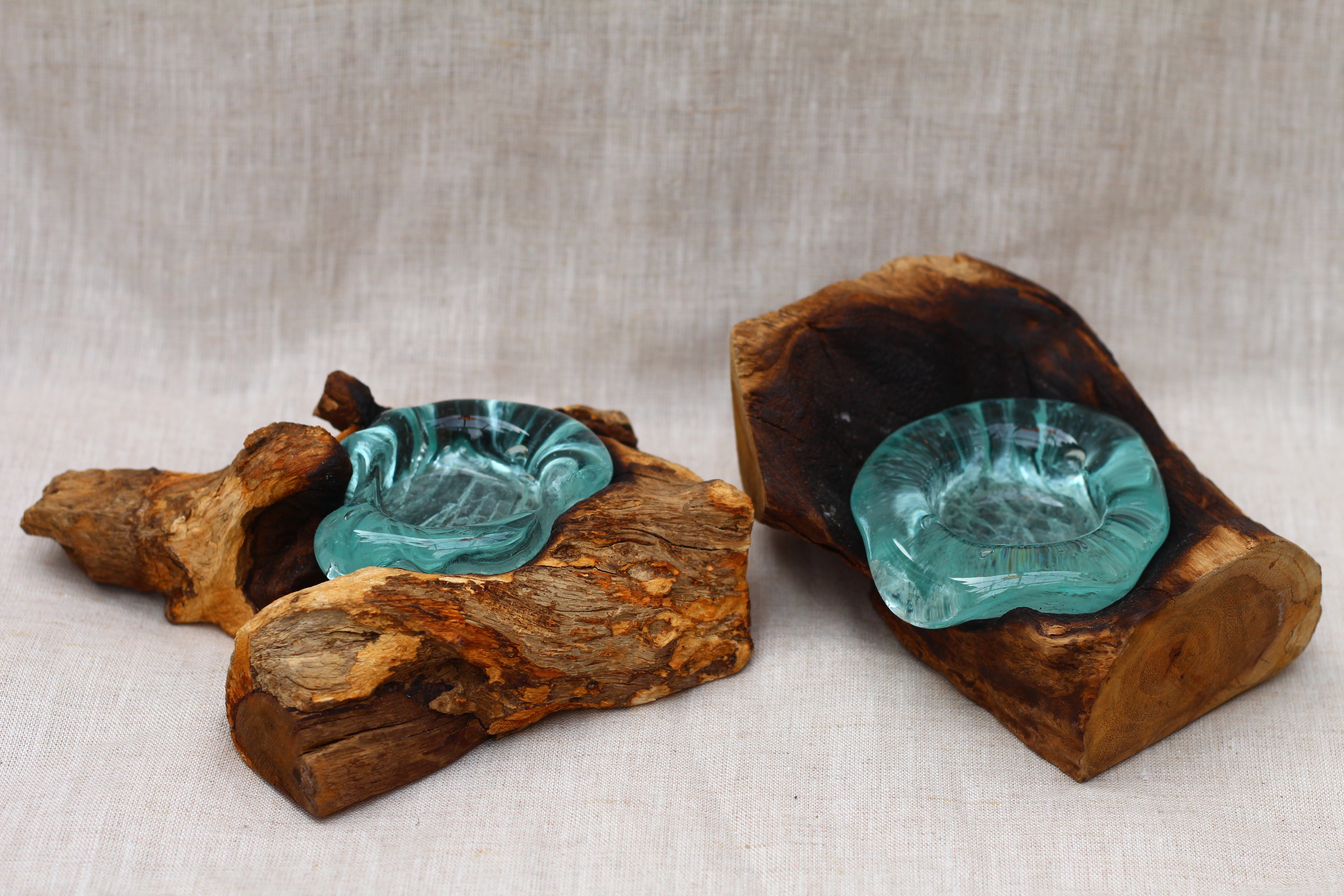 Molten Glass Candle Holder On Wood